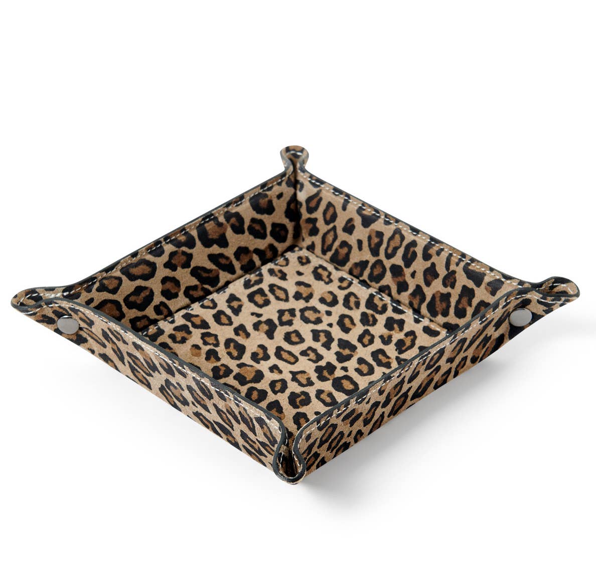 Leopard print leather valet tray on a white background