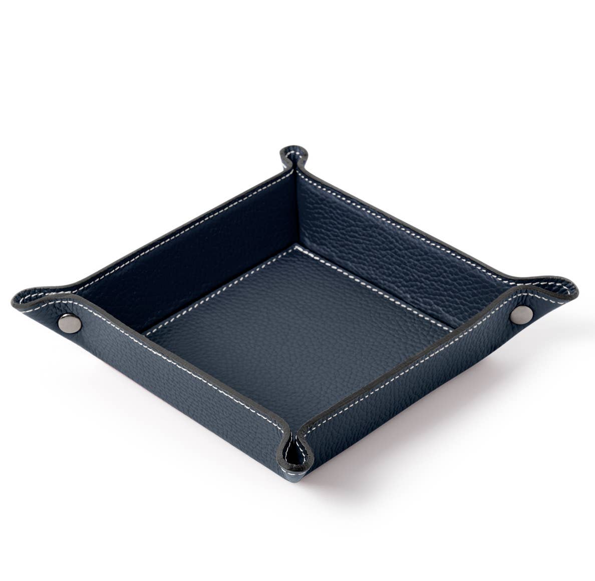 Navy leather valet tray on a white background