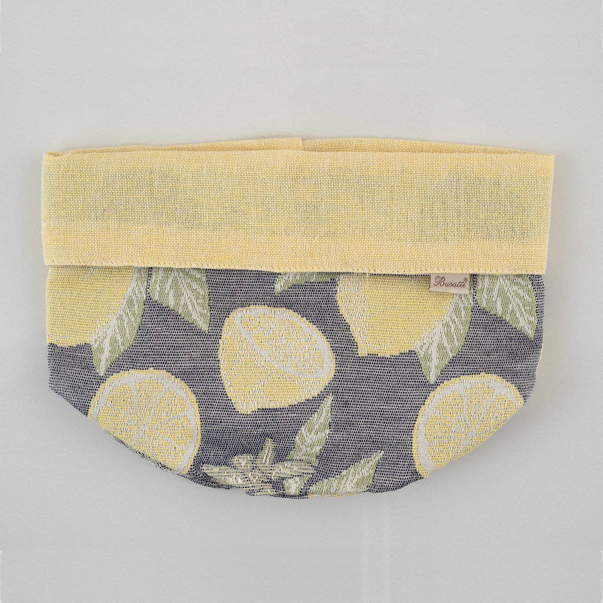 Fabric pouch with lemon pattern on a gray background