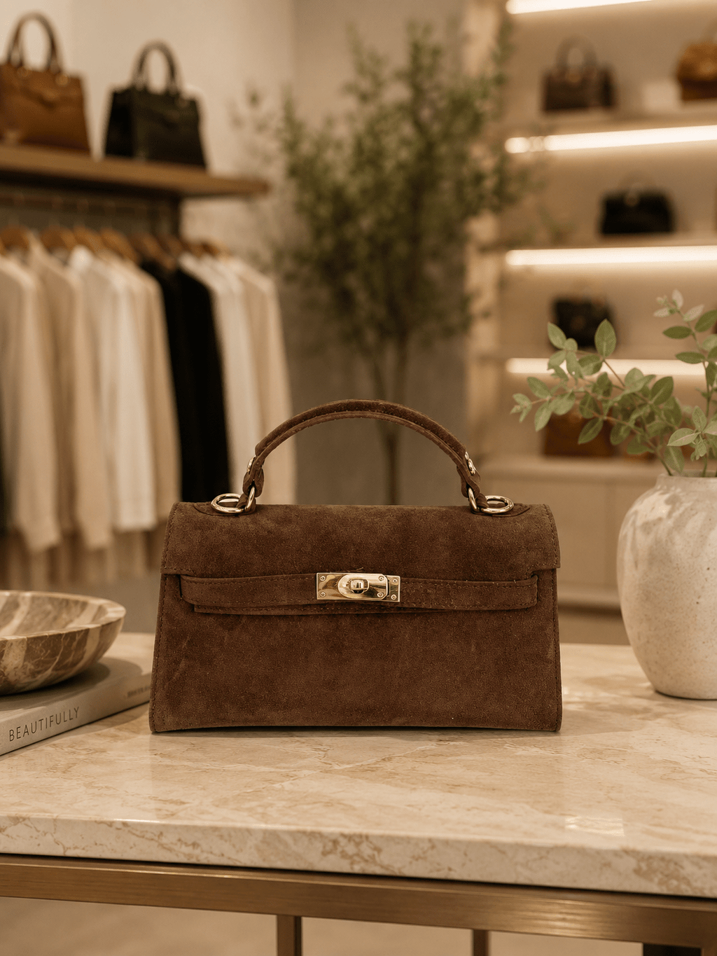 Cioccolato Suede Baguette Bag - Sono Chic