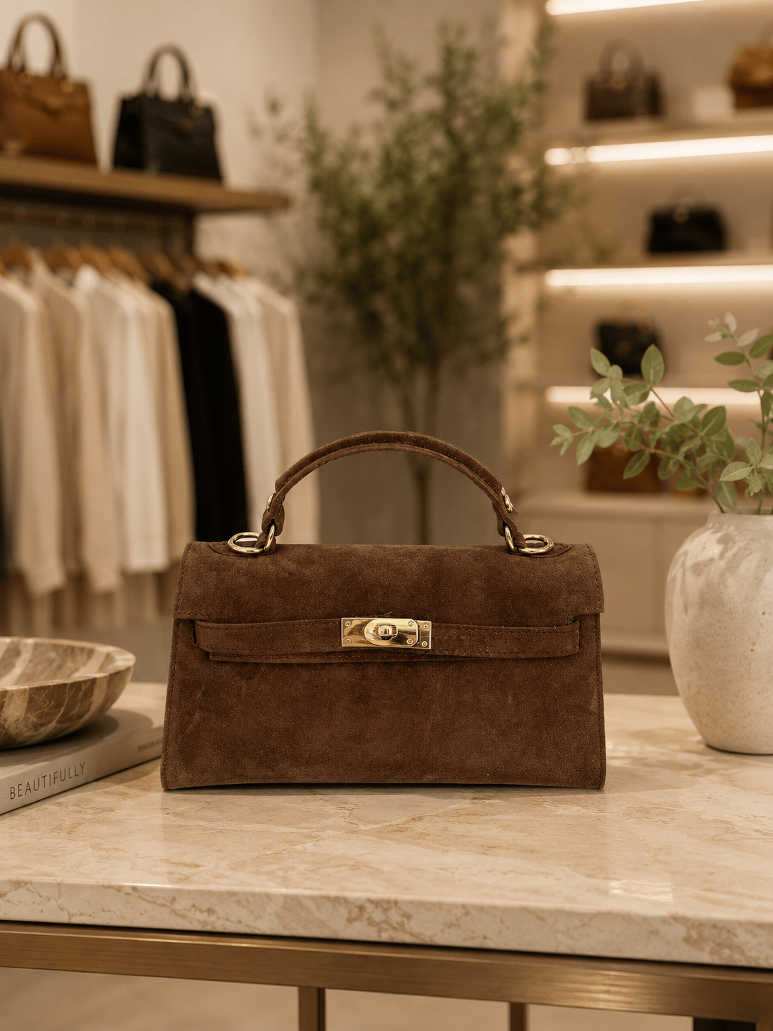 Cioccolato Suede Baguette Bag - Sono Chic