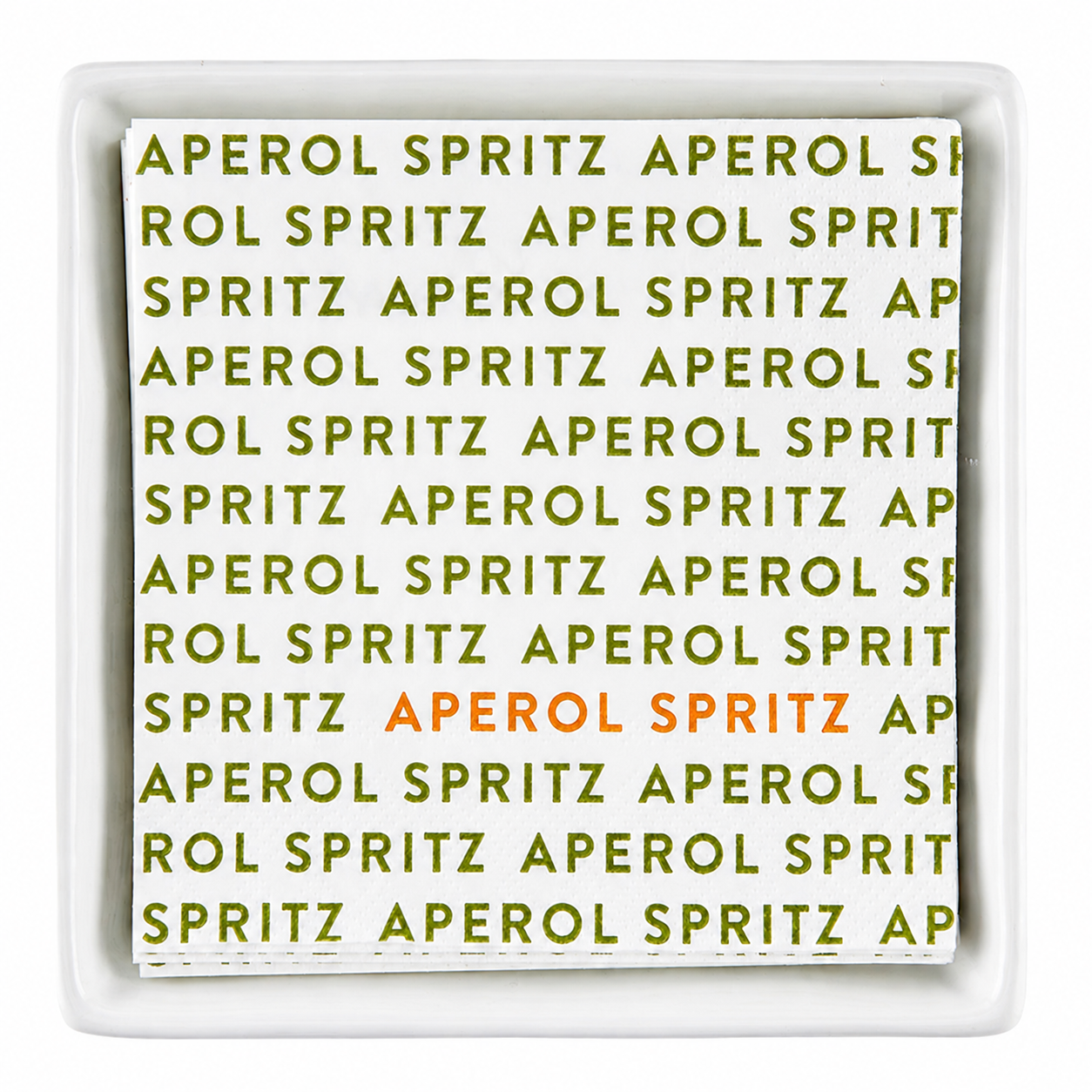 Square white plate with 'Aperol Spritz' text pattern on a white background