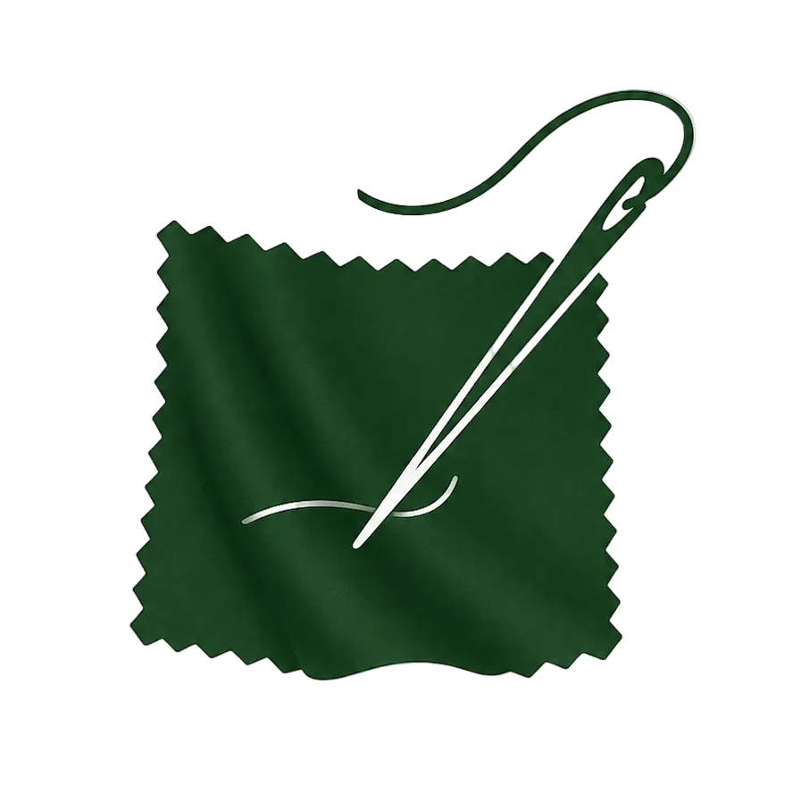 Green fabric swatch with a needle on a white background