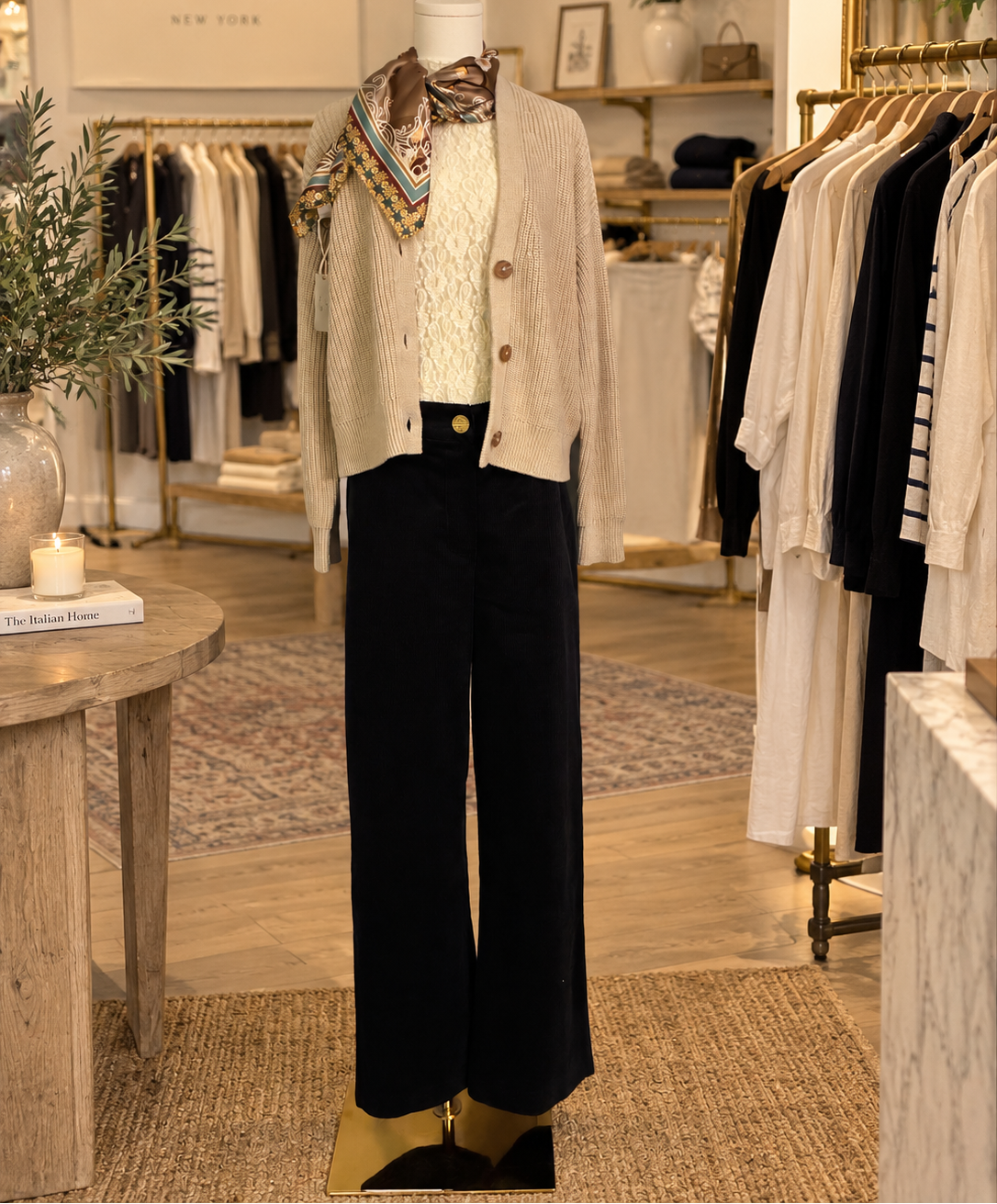 A mannequin dressed in a beige cardigan, cream cable-knit top, black wide-leg pants, and a patterned scarf, displayed inside a boutique store with clothing racks and a sign reading Sono Chic.