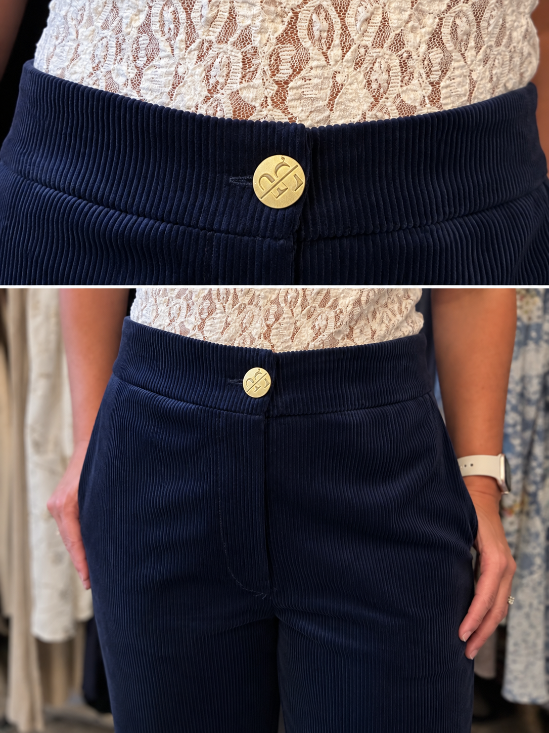 A close-up of a person wearing navy corduroy pants with a gold button closure, paired with a cream lace top. The image is a two-panel composite showing a detailed view of the waistband and a full-body lifestyle shot of the pants being worn.