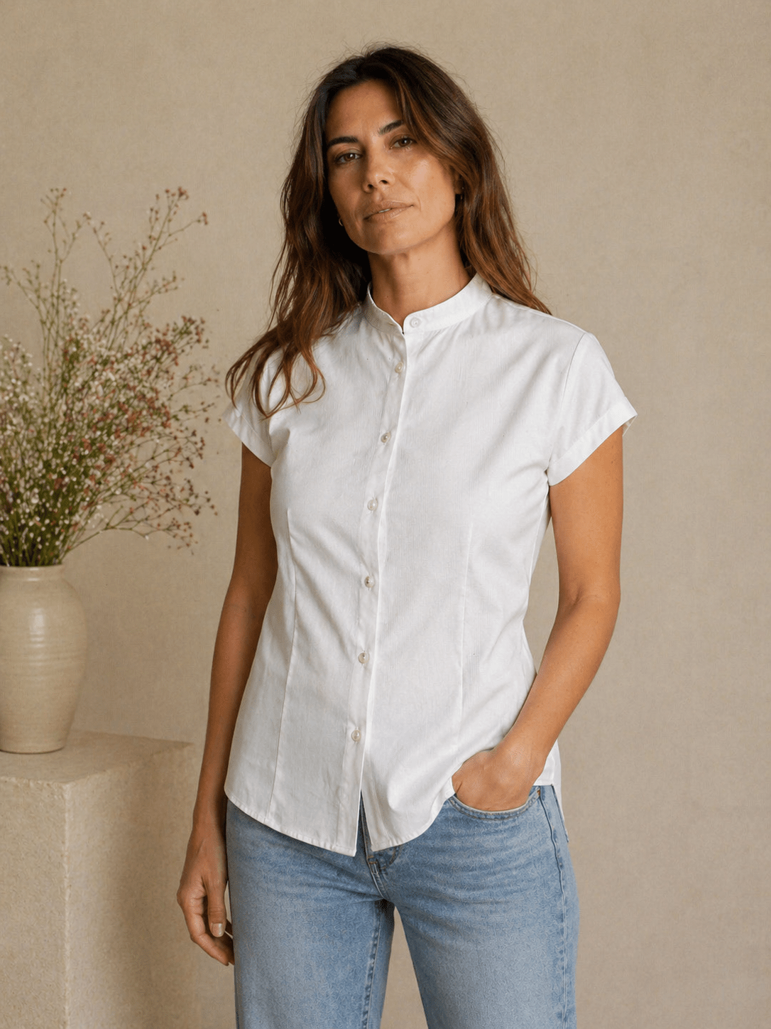 White Short Sleeve Button - Down Shirt - Sono Chic