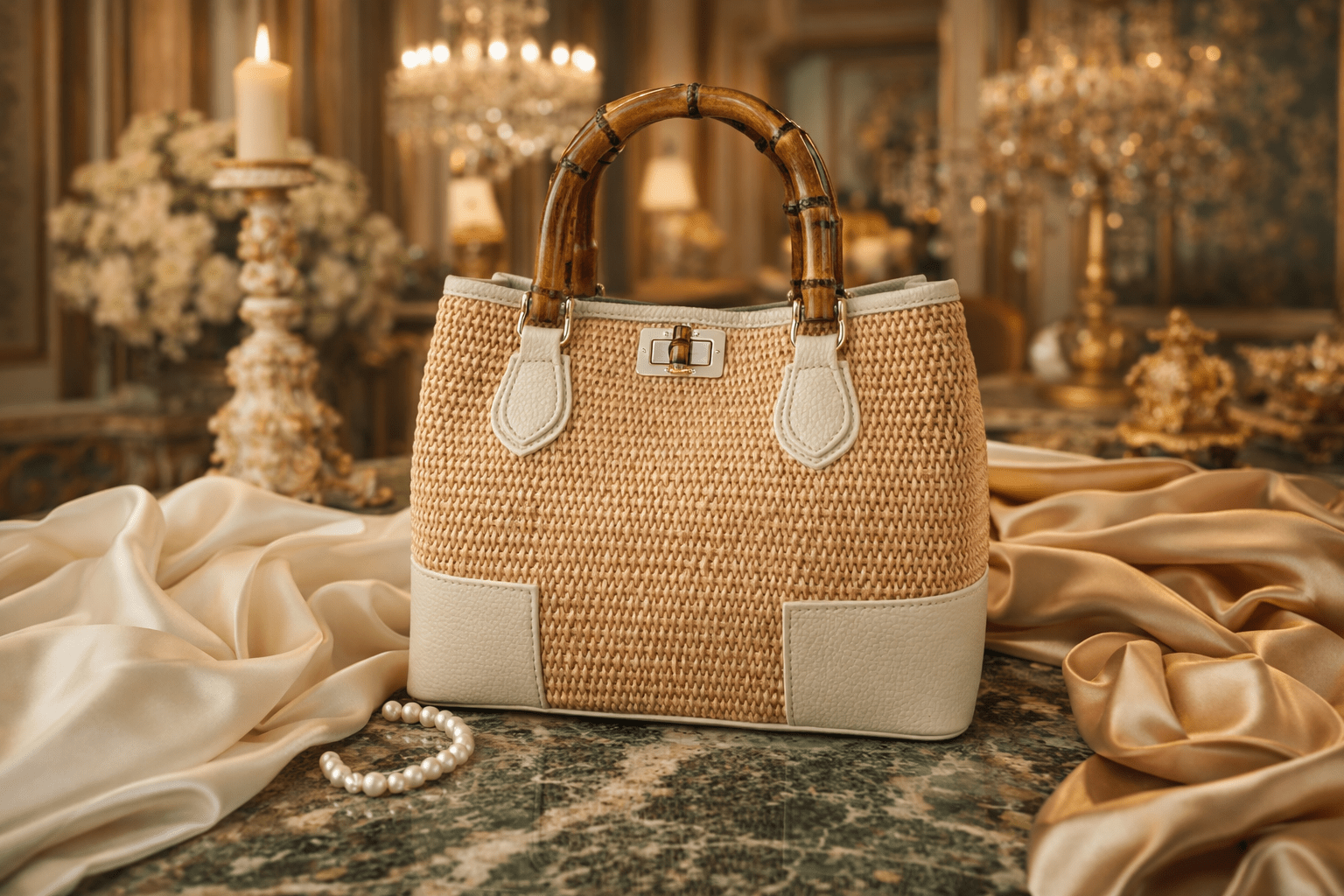 Raffia & Leather Bamboo Handle Tote - Sono Chic