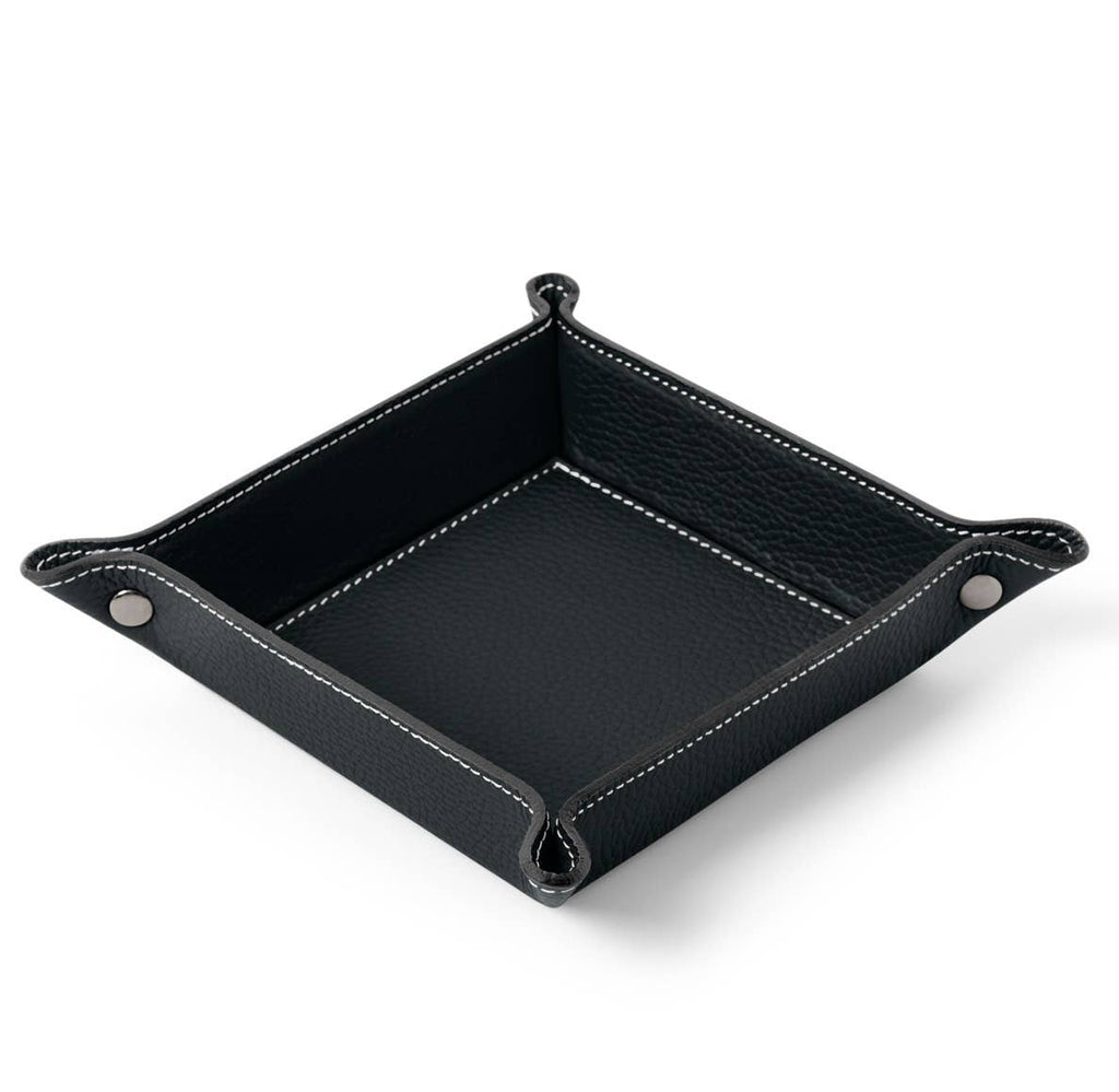 Black leather valet tray on a white background