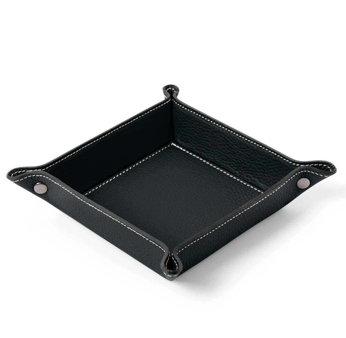 Black leather valet tray on a white background