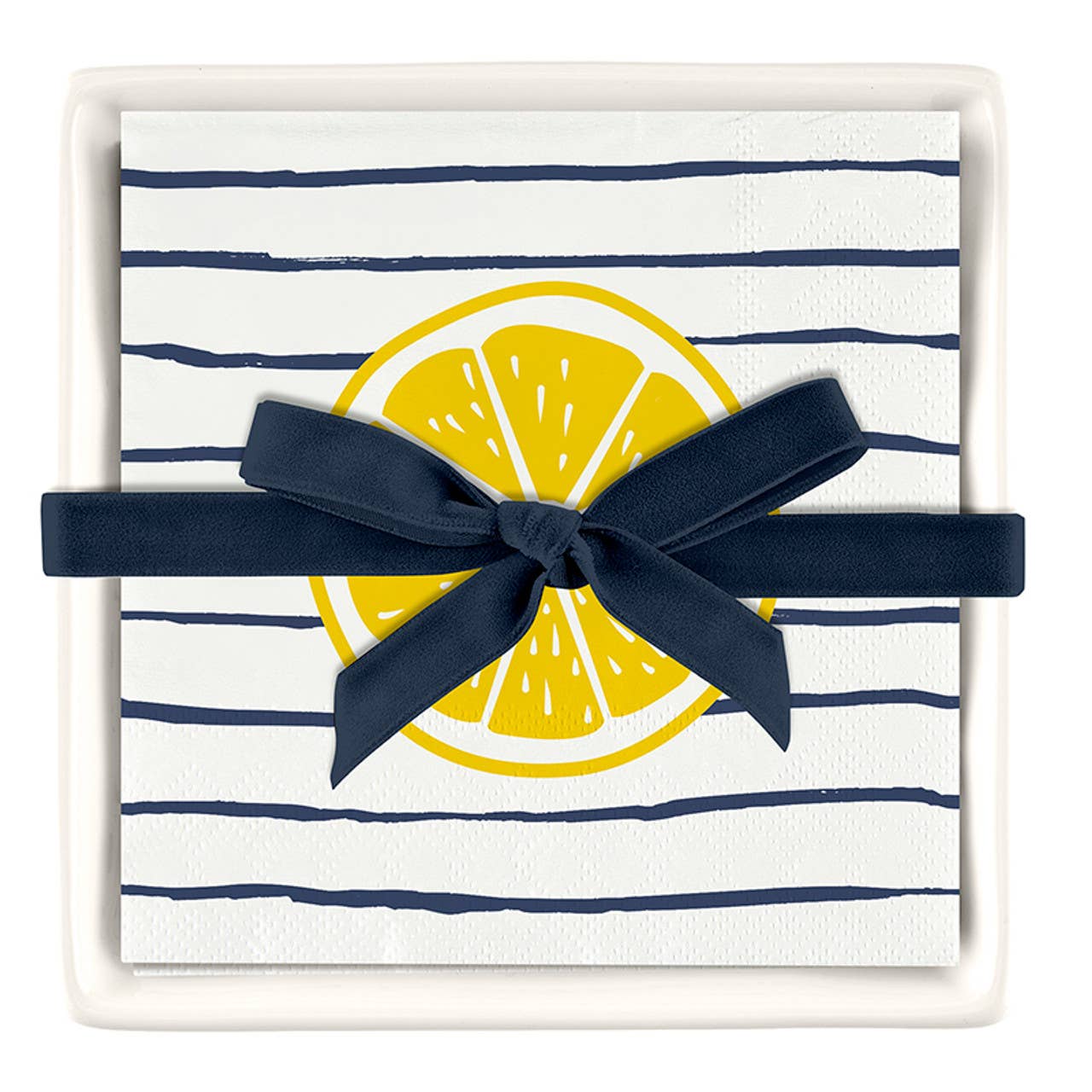 Gift box with lemon design and navy ribbon on a white background
