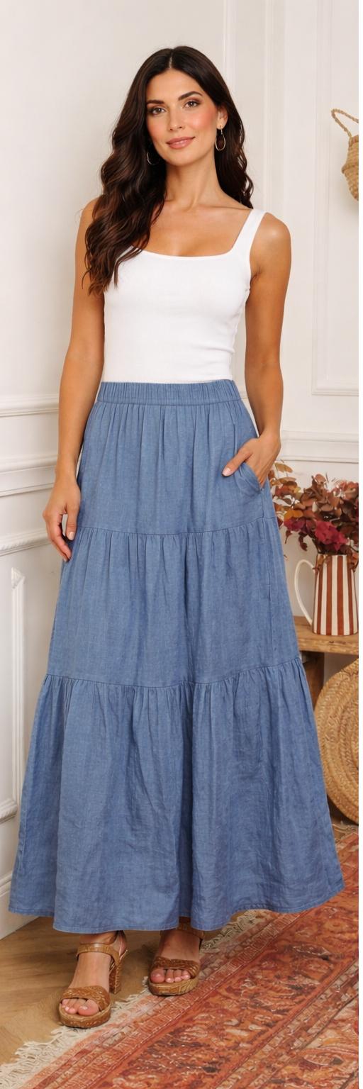 100% Linen Tiered Maxi Skirt - Sono Chic